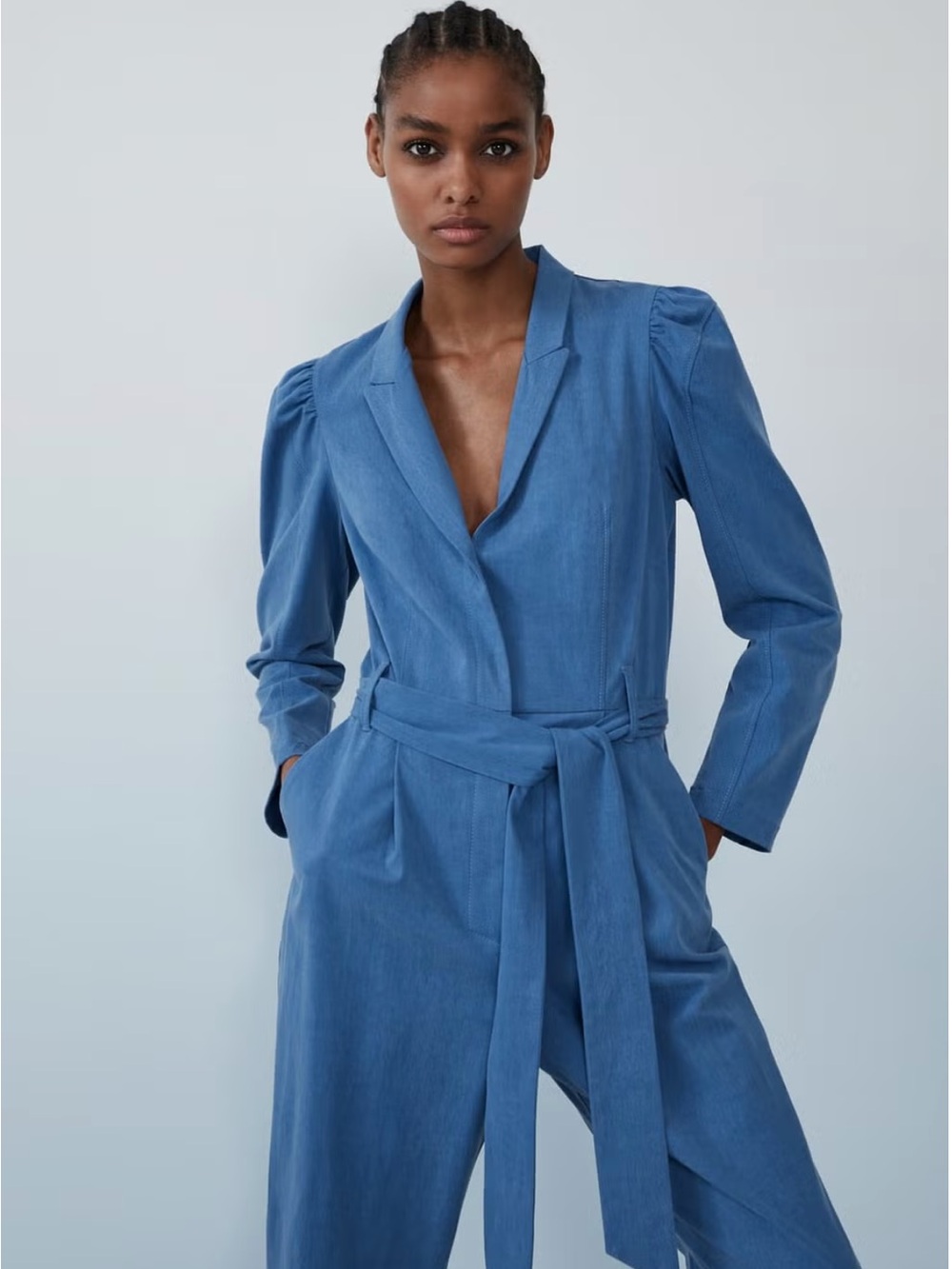 Zara Blue Belted Jumpsuit Puff Shoulder V-Neck Jumpsuit Size XL NWOT Rare Find!